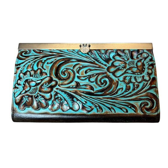Patricia Nash CAUCHY Wallet Italian Tooled Turquoise Leather - Picture 1 of 10